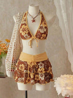 Women Bikini Sets with Skirt Floral Print Adjustable Straps | Jade