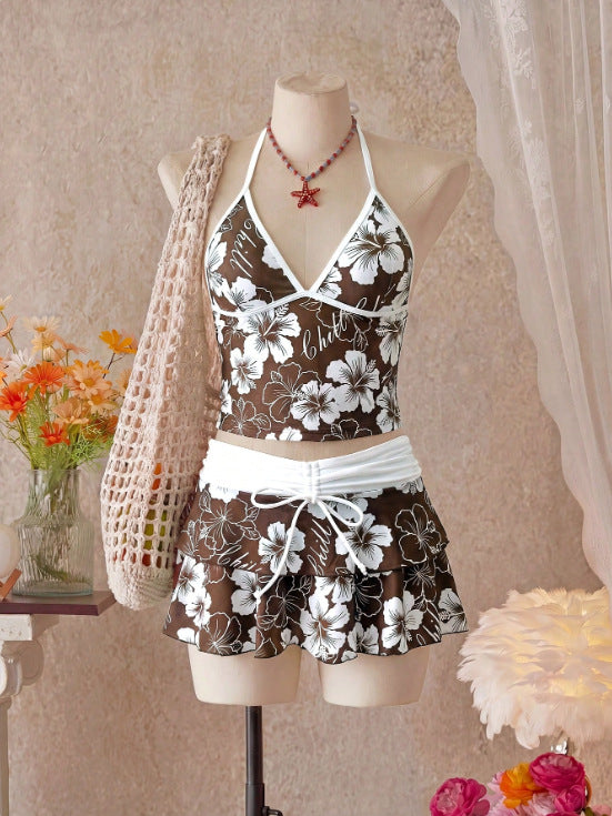 Women Bikini Sets with Skirt Floral Print Adjustable Straps | Jade