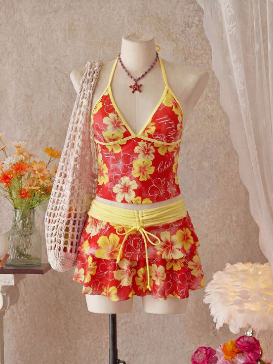 Women Bikini Sets with Skirt Floral Print Adjustable Straps | Jade
