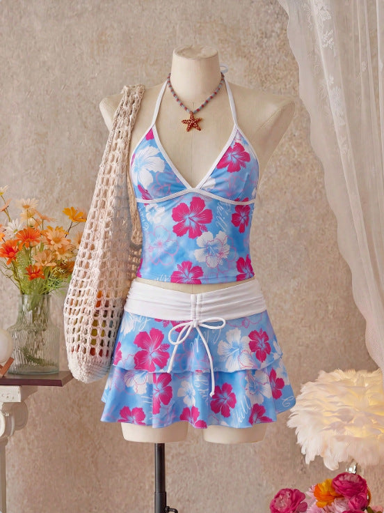 Women Bikini Sets with Skirt Floral Print Adjustable Straps | Jade
