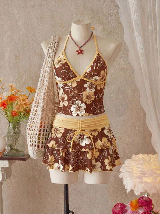 Women Bikini Sets with Skirt Floral Print Adjustable Straps | Jade
