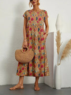 Floral Dress Women Midi A Line Silhouette Side Pockets Round Neck
