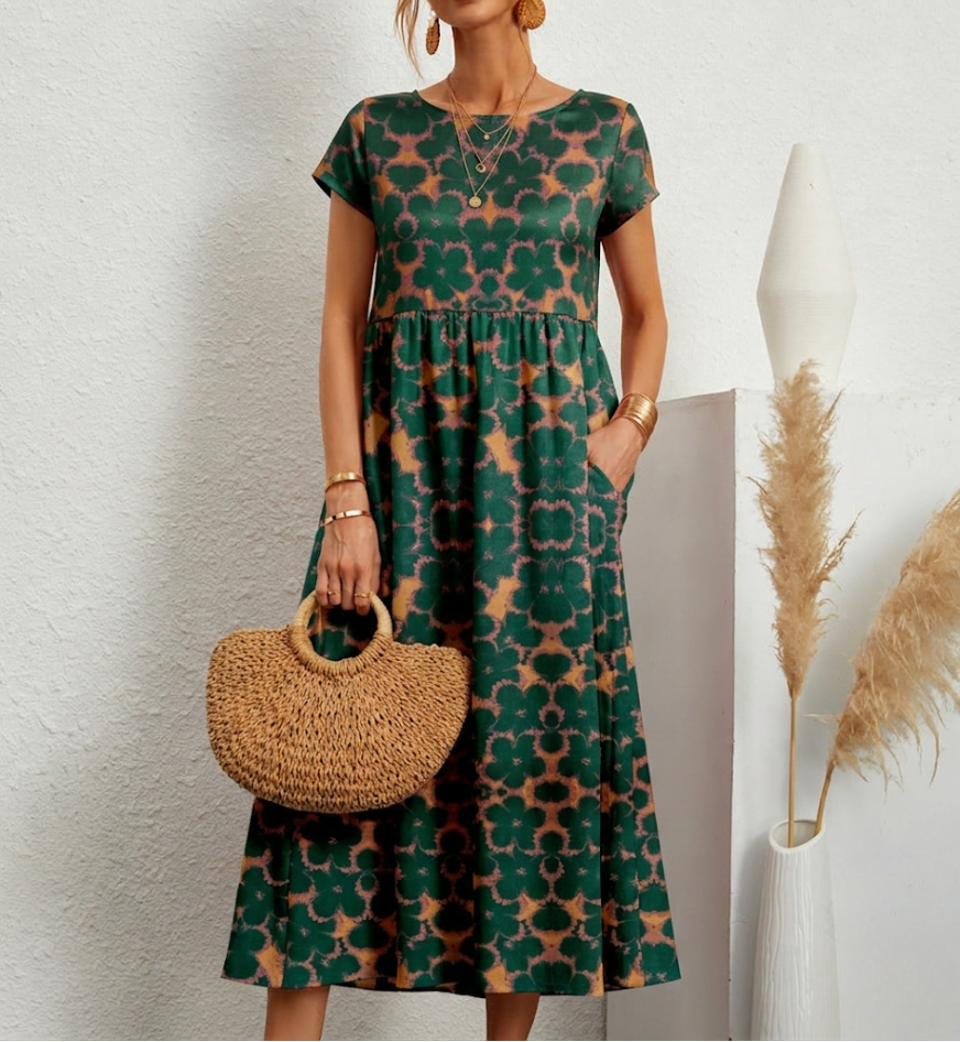 Floral Dress Women Midi A Line Silhouette Side Pockets Round Neck