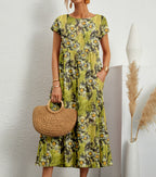 Floral Dress Women Midi A Line Silhouette Side Pockets Round Neck