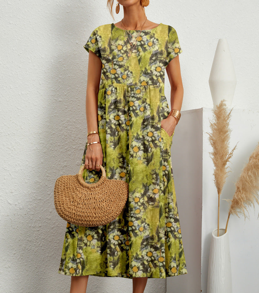 Floral Dress Women Midi A Line Silhouette Side Pockets Round Neck