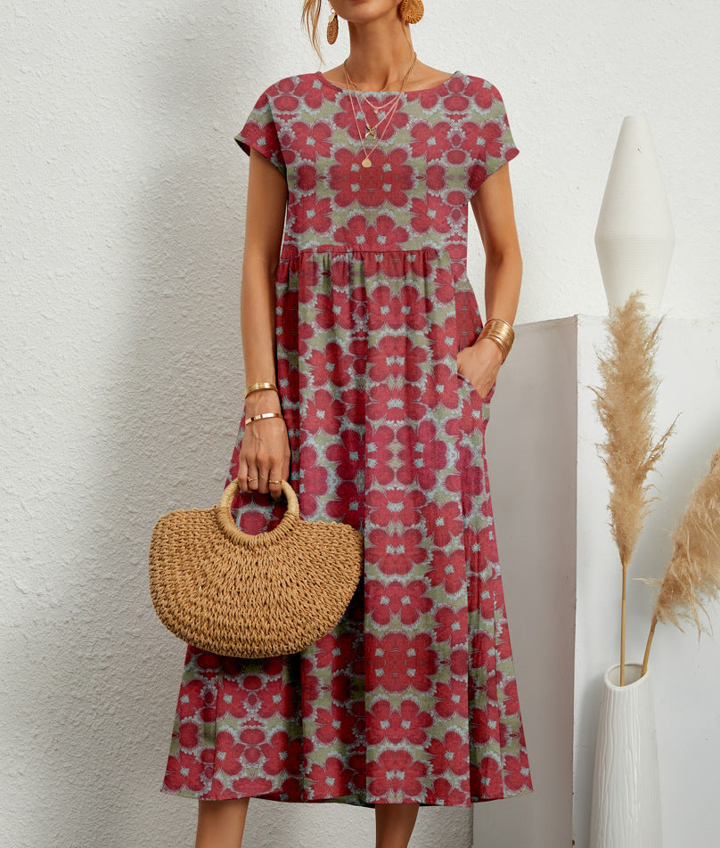 Floral Dress Women Midi A Line Silhouette Side Pockets Round Neck