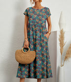 Floral Dress Women Midi A Line Silhouette Side Pockets Round Neck