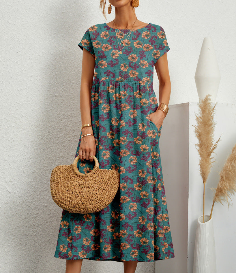 Floral Dress Women Midi A Line Silhouette Side Pockets Round Neck