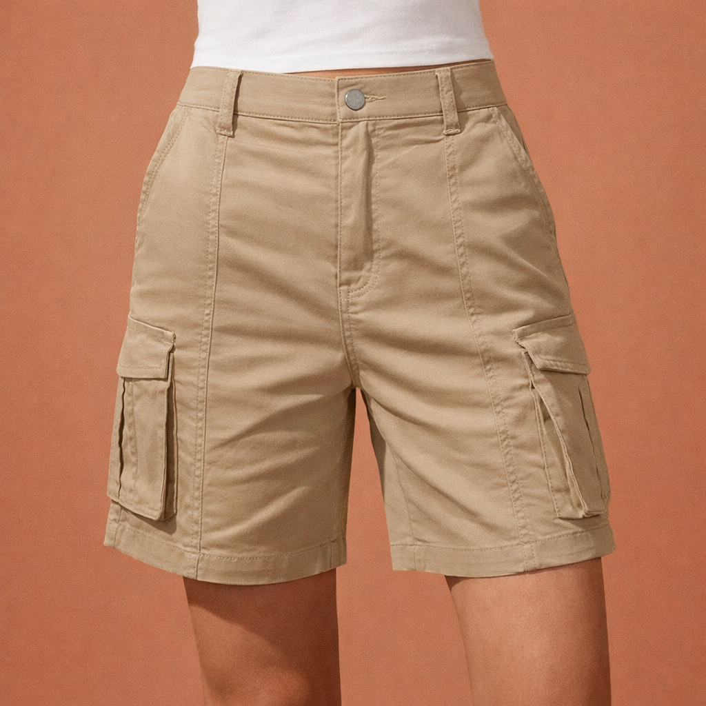 Womens Shorts Cargo Style Six Functional Utility Pockets Elastic Waistband
