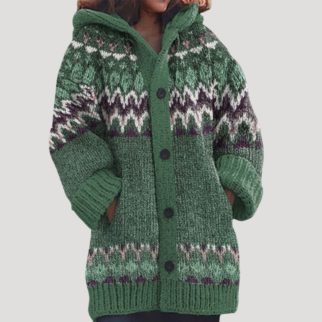 Women Knit Cardigan Fair Isle Hoodie Regular Fit