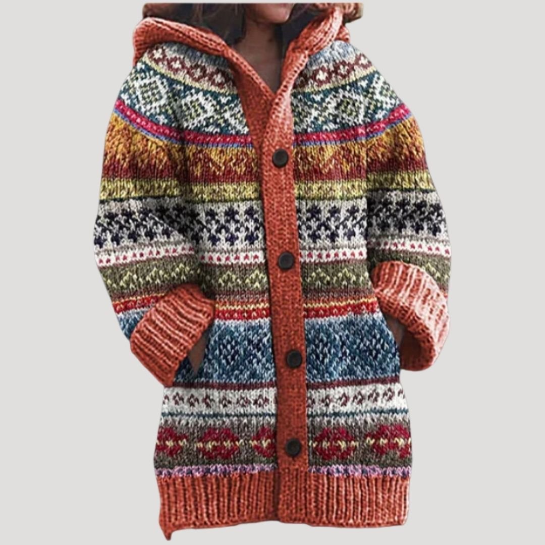 Women Knit Cardigan Fair Isle Hoodie Regular Fit