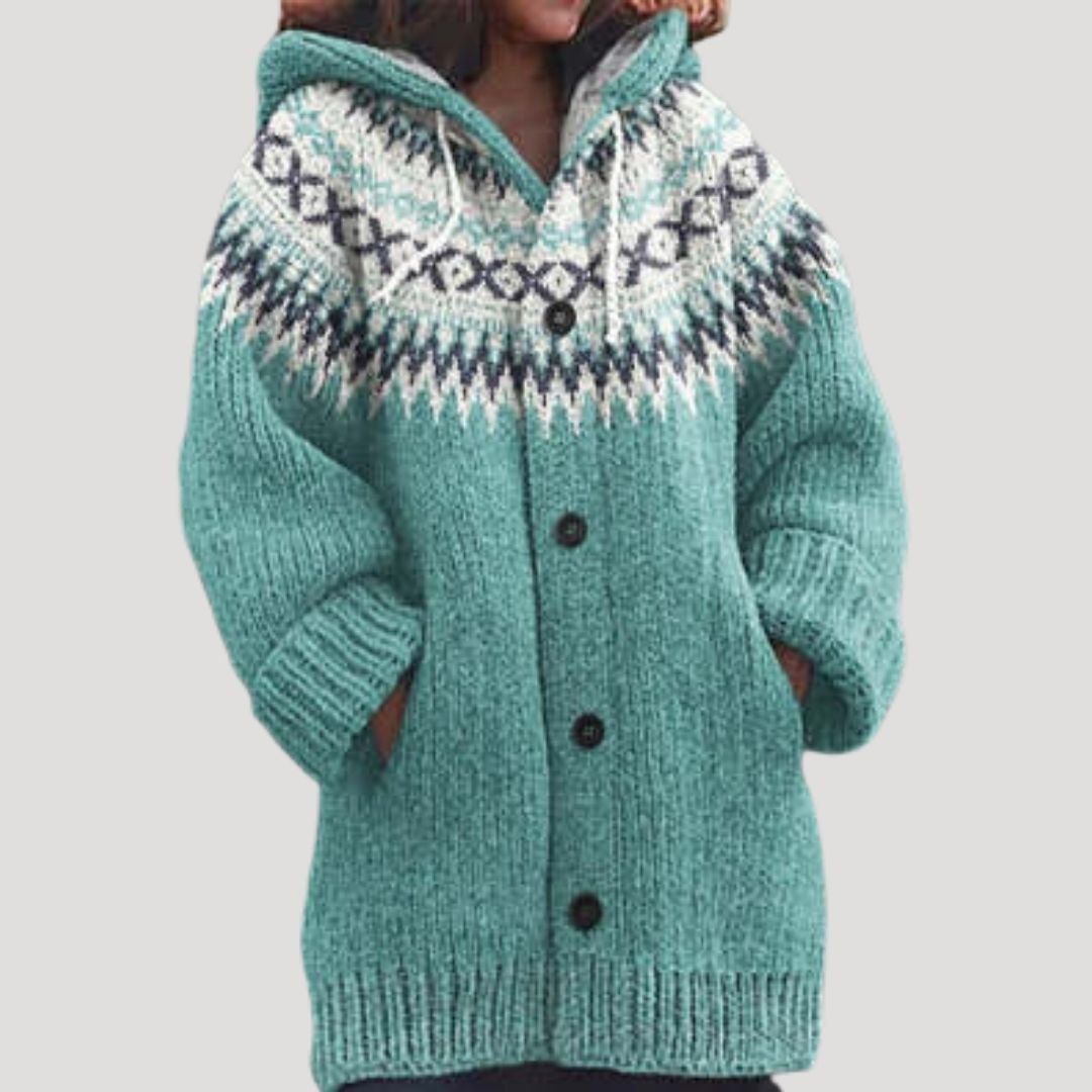 Women Knit Cardigan Fair Isle Hoodie Regular Fit