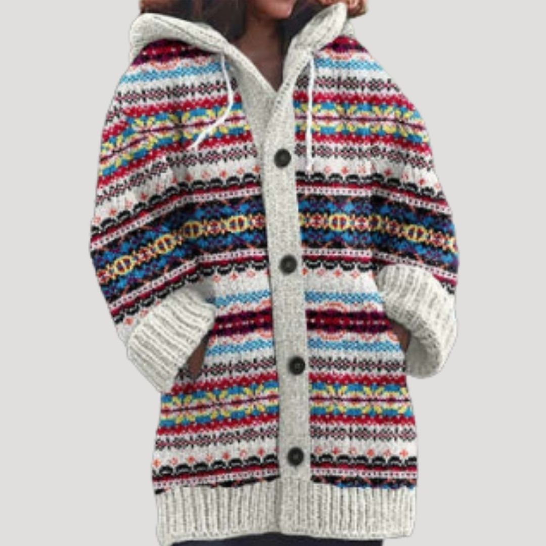 Women Knit Cardigan Fair Isle Hoodie Regular Fit