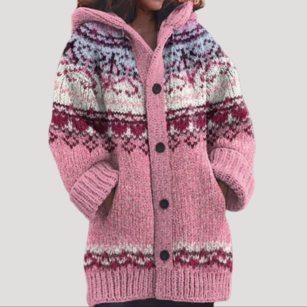 Women Knit Cardigan Fair Isle Hoodie Regular Fit