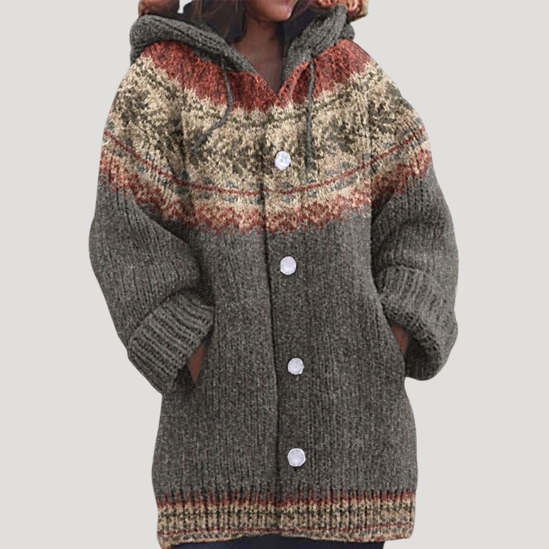 Women Knit Cardigan Fair Isle Hoodie Regular Fit
