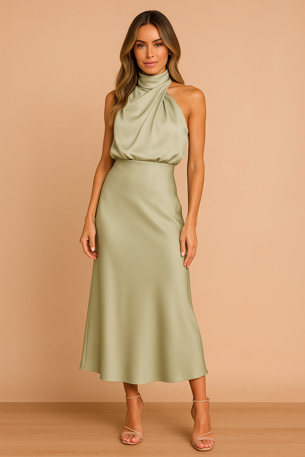 Women Midi Dress Draped Neckline Fitted Silhouette | Opal