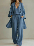 Wide Leg Linen Pants Women 3 Piece Set Cardigan Top | Halcyon