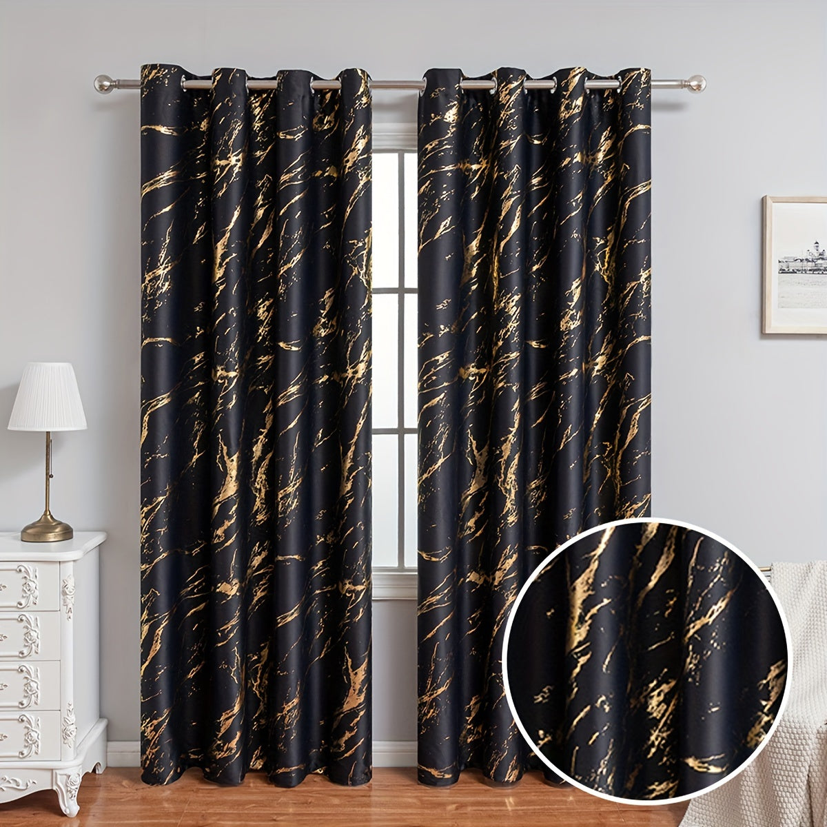 2 Piece Blackout Curtains Marble Print Ring Top