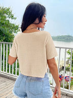 Women Crop Top V Neck Waffle Knit Short Sleeve | Wilhelmina