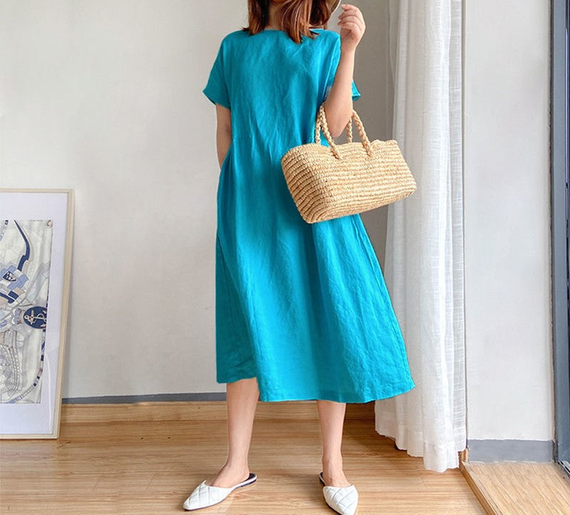 Women Linen Cotton Dress Casual Floral | Faline