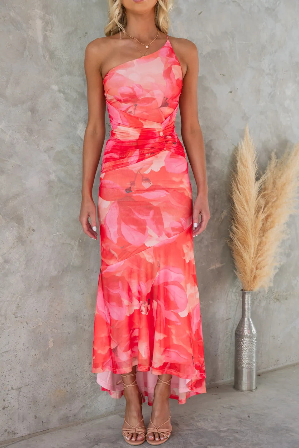 Midi Dress | Floral Off-Shoulder, Asymmetric Hem | Indra