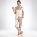 Satin Pajamas Women Two Piece Long Sleeve Collared Shirt Set
