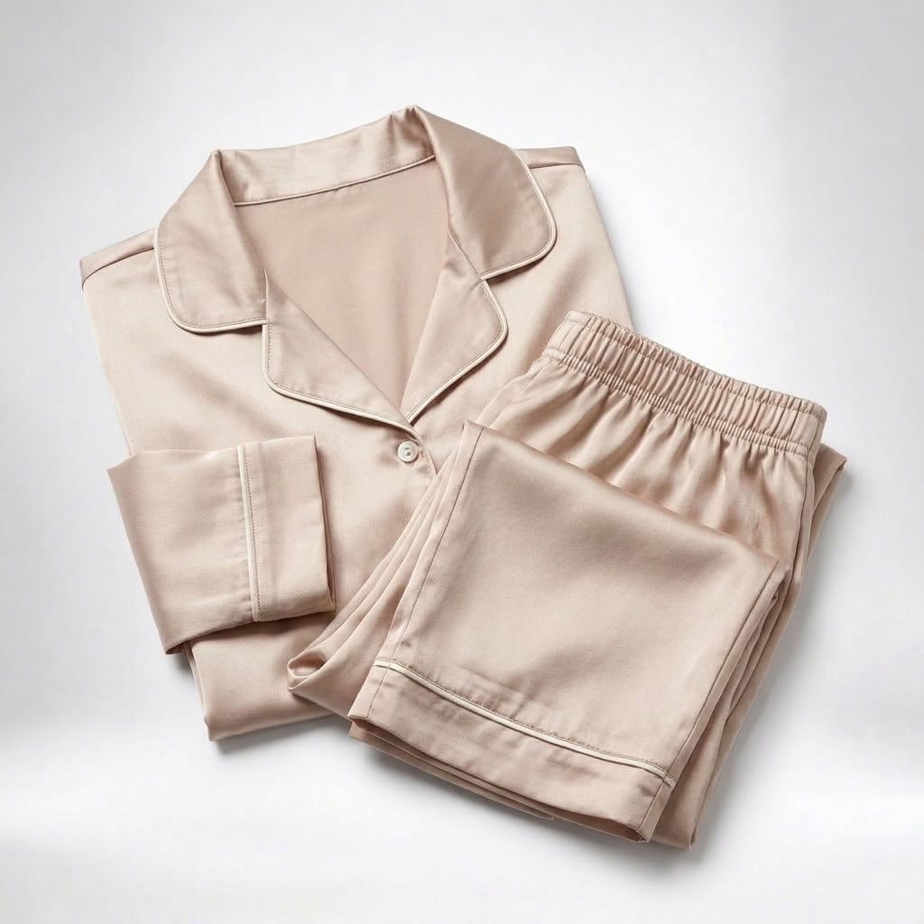 Satin Pajamas Women Two Piece Long Sleeve Collared Shirt Set