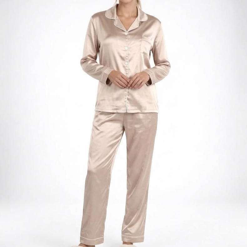 Satin Pajamas Women Two Piece Long Sleeve Collared Shirt Set