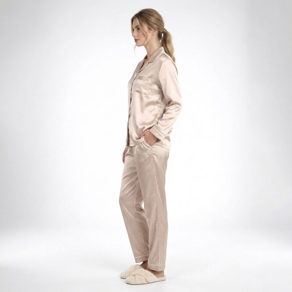 Satin Pajamas Women Two Piece Long Sleeve Collared Shirt Set