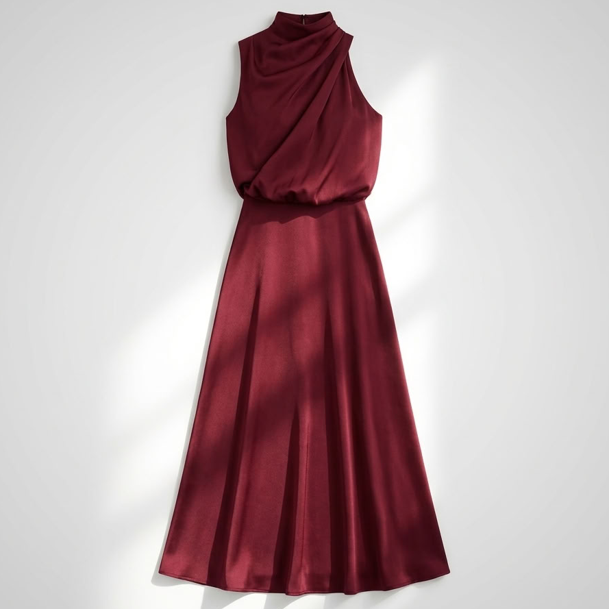 Satin Dress Women Midi Asymmetric Neckline Lightweight