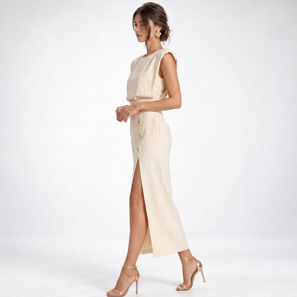 Midi Dress Women Sleeveless Fitted Lightweight Front Slit Button