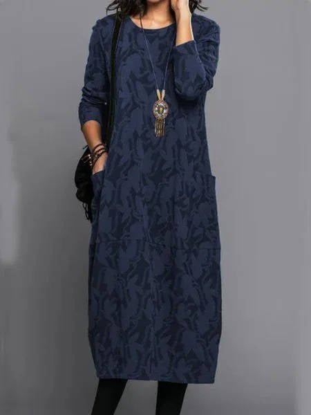 Tindra | Midi Dress With Pockets | Long Sleeve, Floral, Cotton Blend