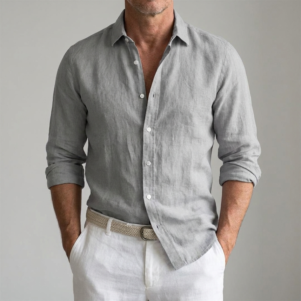 Men Linen Shirt Lightweight Breathable Casual Button Down Collar