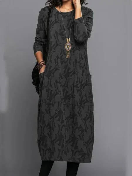 Tindra | Midi Dress With Pockets | Long Sleeve, Floral, Cotton Blend