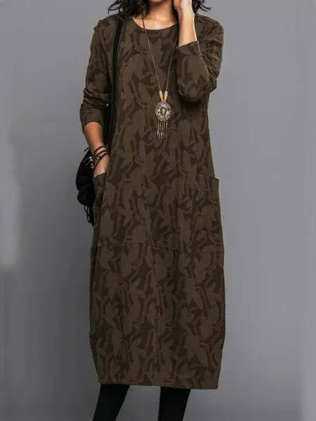 Tindra | Midi Dress With Pockets | Long Sleeve, Floral, Cotton Blend