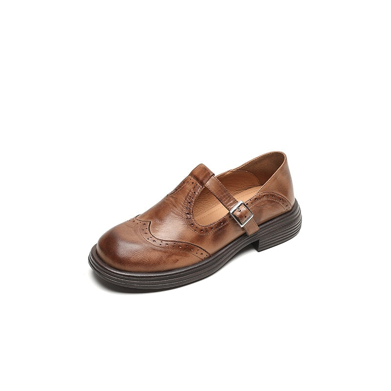 Kestrel | Mary Jane Shoes | Brogue T-Strap, Sheepskin | Brown & Black