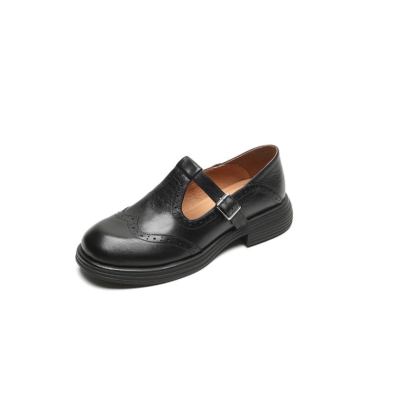 Kestrel | Mary Jane Shoes | Brogue T-Strap, Sheepskin | Brown & Black