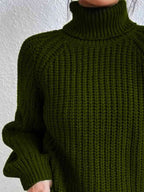 Women Ribbed Knit Turtleneck Sweater Side Slit
