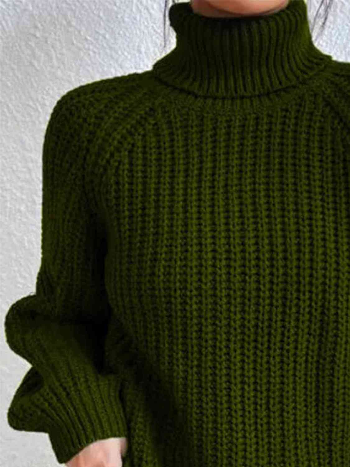 Women Ribbed Knit Turtleneck Sweater Side Slit