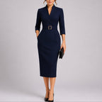 Midi Dress Women V Neck Belted Bodycon Three Quarter Sleeve