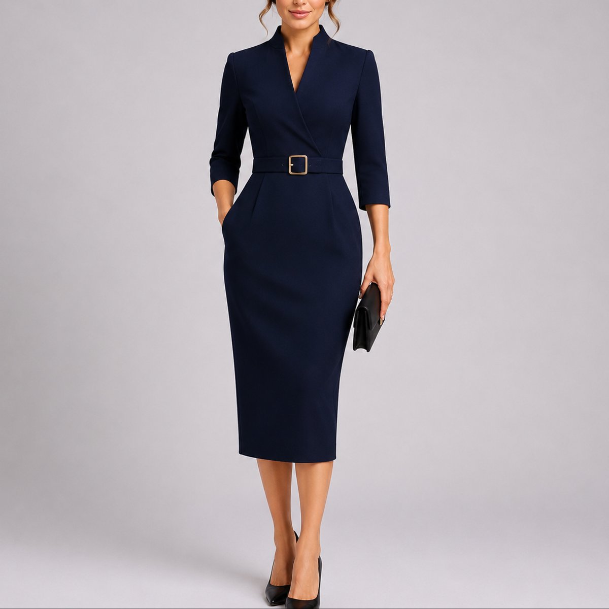 Midi Dress Women V Neck Belted Bodycon Three Quarter Sleeve