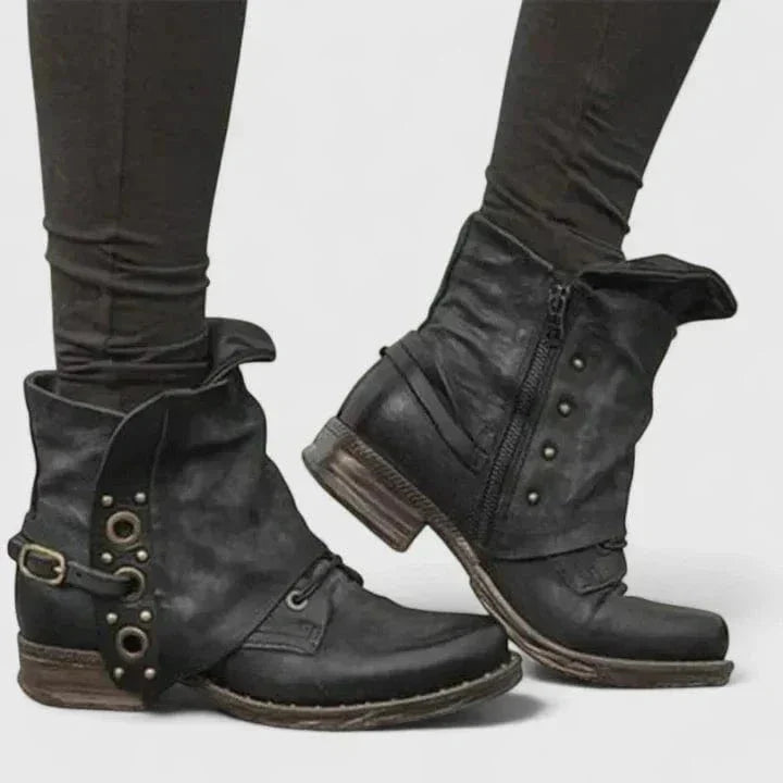 Xanthe | Women's Ankle Boots | Distressed Faux Leather, Buckle Strap | Western Style