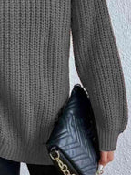 Women Ribbed Knit Turtleneck Sweater Side Slit