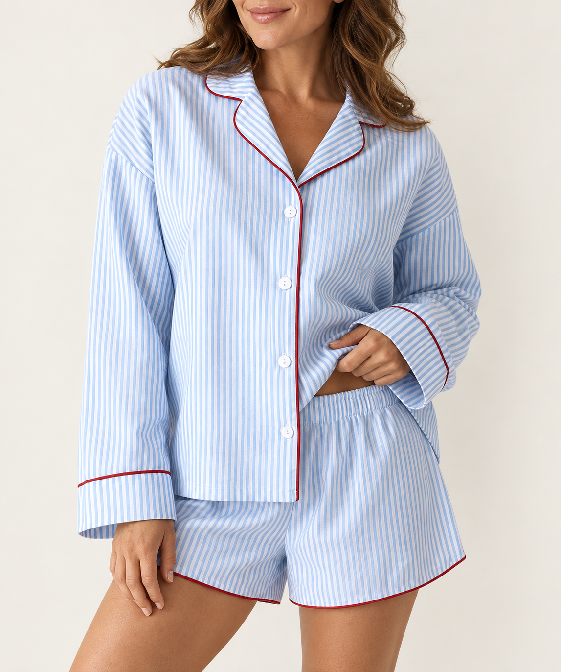 Women's Shorts Pajama Set | 100% Cotton Striped Piped Top and Shorts