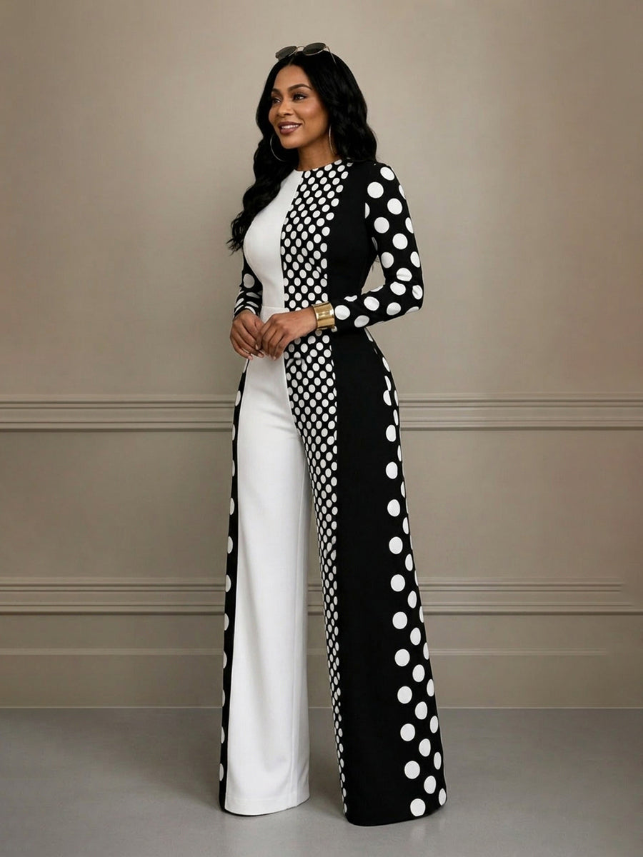 Women Jumpsuits Polka Dot Contrast Color Long Sleeve High Waist | Clea
