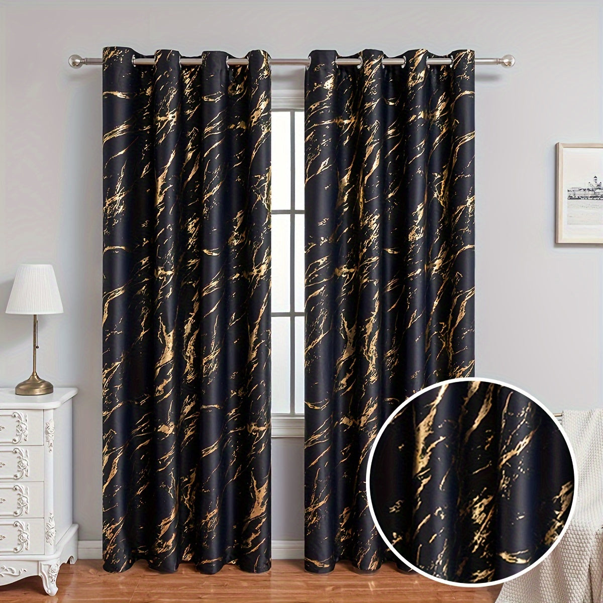 2 Piece Blackout Curtains Marble Print Ring Top