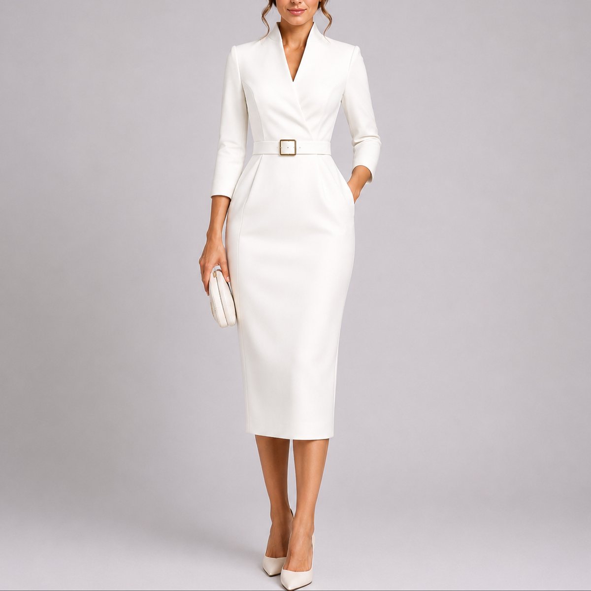Midi Dress Women V Neck Belted Bodycon Three Quarter Sleeve