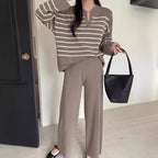 Women 2 Piece Knit Blouse Wide Leg Trousers Striped Set