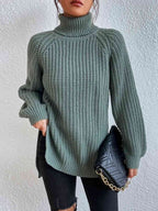Women Ribbed Knit Turtleneck Sweater Side Slit