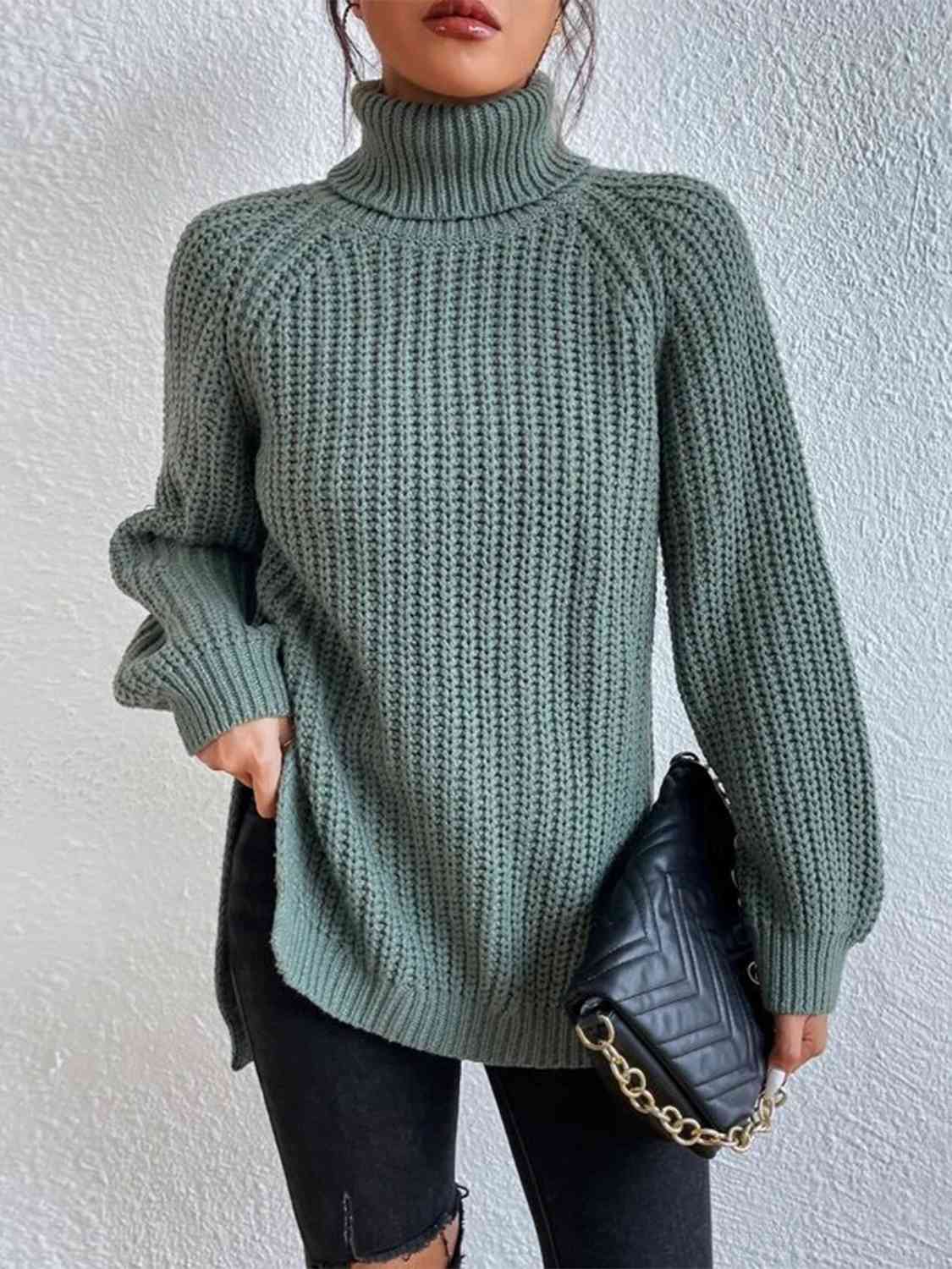 Women Ribbed Knit Turtleneck Sweater Side Slit